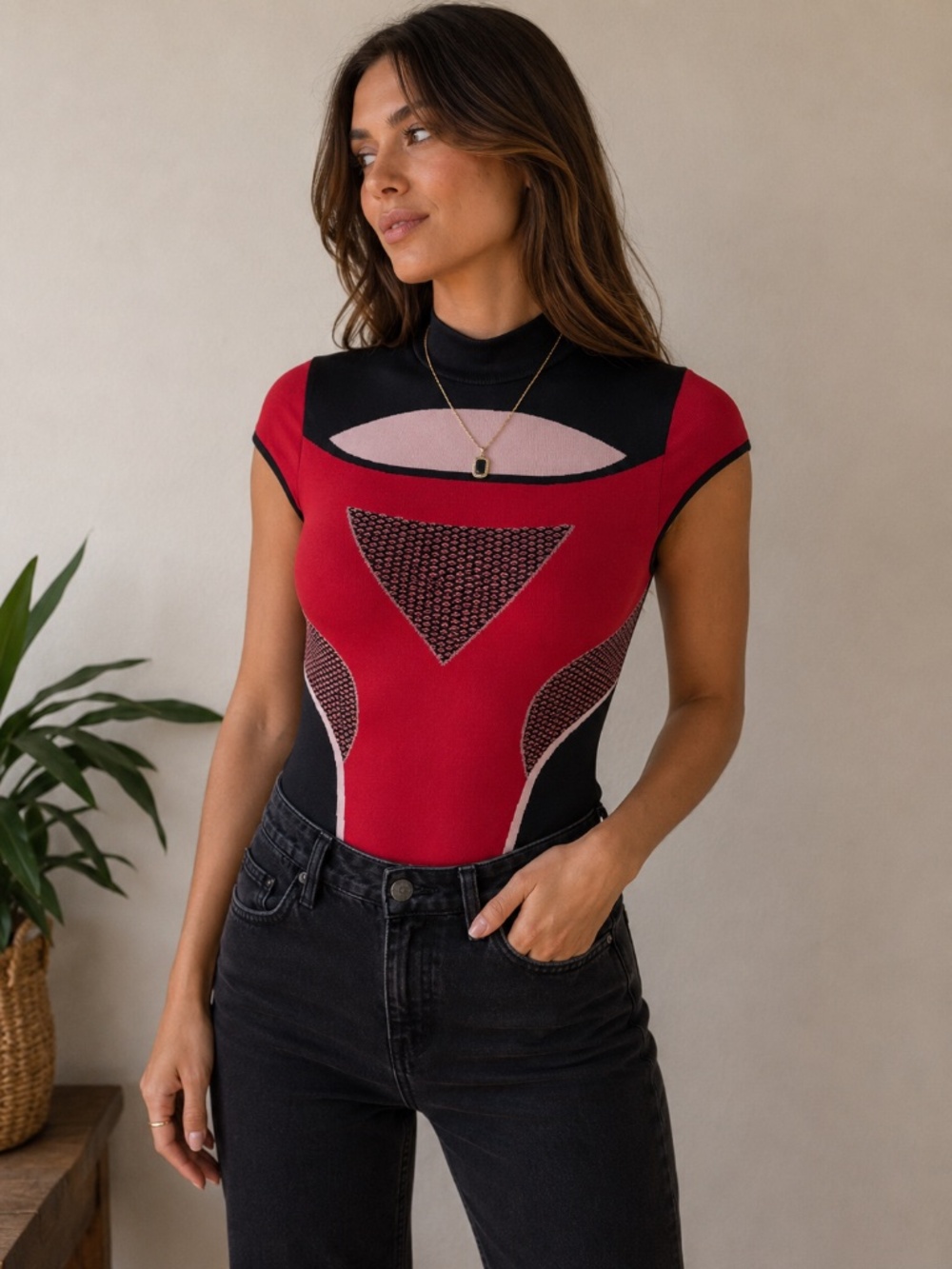 Zara Limitless Contour Bodysuit XS/S Red Black Mock Neck NWT